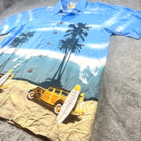 Ron Chereskin Hawaiian Rayon Shirt XL Blue Palm Trees Surf Cars Retro Beach - Picture 6 of 10